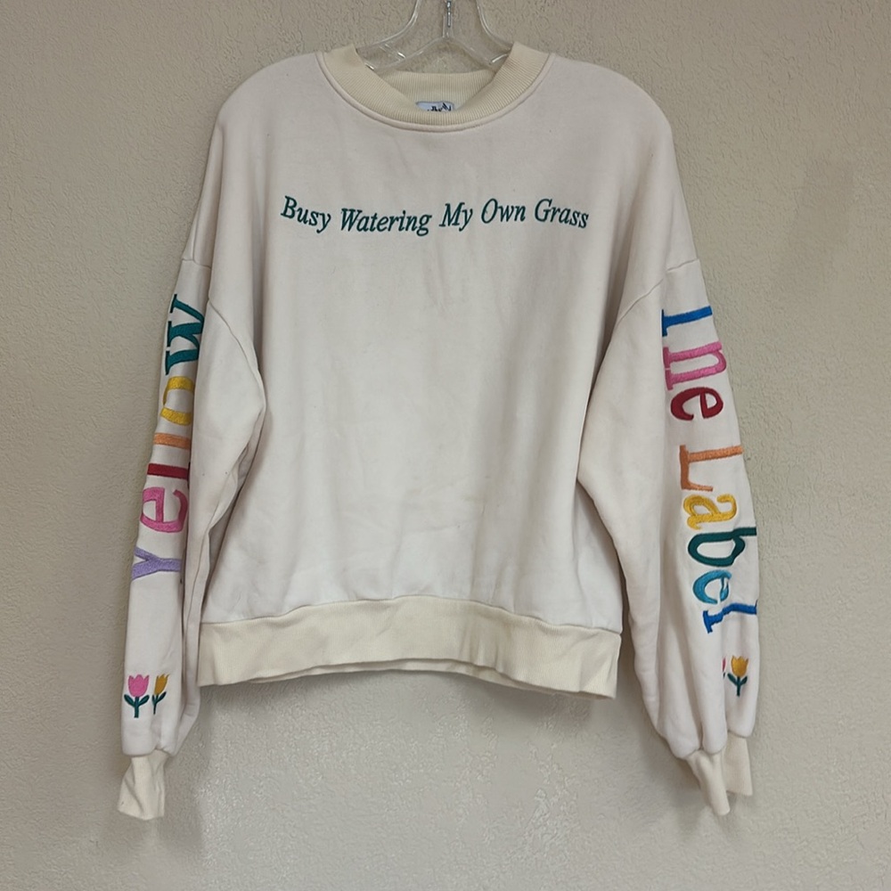 Cream Crewneck Sweatshirt w/ Rainbow Lettering & Embroidered Floral Accents - Picture 2 of 7